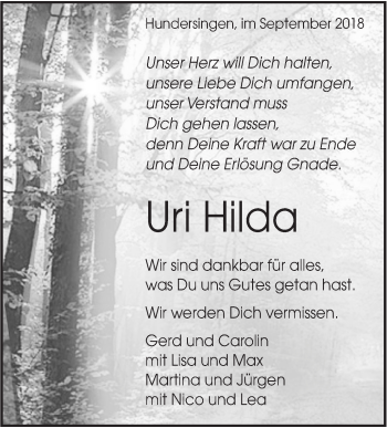 Traueranzeige von Uri Hilda von Alb-Bote/Metzinger-Uracher Volksblatt