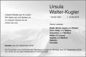 Traueranzeige von Ursula Walter-Kugler von SÜDWEST PRESSE Ausgabe Ulm/Neu-Ulm