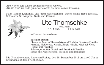 Traueranzeige von Ute Thomschke von Haller Tagblatt