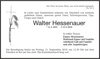 Traueranzeige von Walter Hessenauer von Hohenloher Tagblatt