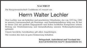 Traueranzeige von Walter Lechler von Hohenloher Tagblatt