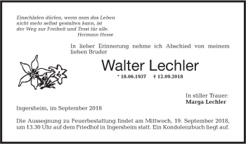 Traueranzeige von Walter Lechler von Hohenloher Tagblatt