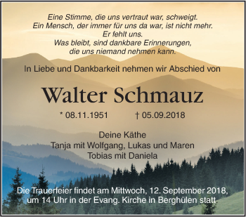 Traueranzeige von Walter Schmauz von SÜDWEST PRESSE Ausgabe Ulm/Neu-Ulm