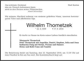 Traueranzeige von Wilhelm Thometzek von Hohenloher Tagblatt