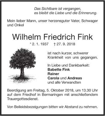 Traueranzeige von Wilhelm Friedrich Fink von SÜDWEST PRESSE Ausgabe Ulm/Neu-Ulm