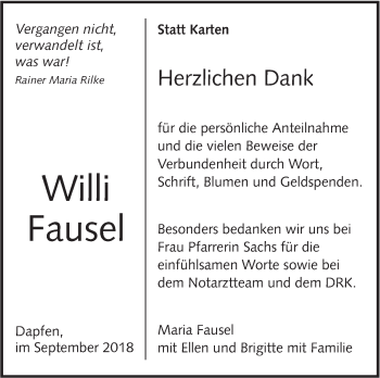 Traueranzeige von Willi Fausel von Alb-Bote/Metzinger-Uracher Volksblatt