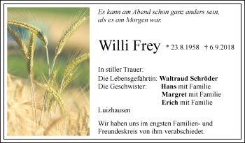 Traueranzeige von Willi Frey von SÜDWEST PRESSE Ausgabe Ulm/Neu-Ulm