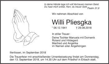 Traueranzeige von Willi Pliesgka von SÜDWEST PRESSE Ausgabe Ulm/Neu-Ulm