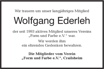 Traueranzeige von Wolfgang Ederleh von Hohenloher Tagblatt