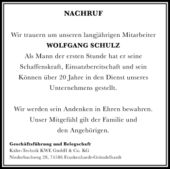 Traueranzeige von Wolfgang Schulz von Hohenloher Tagblatt