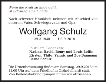 Traueranzeige von Wolfgang Schulz von Haller Tagblatt