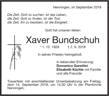 Traueranzeige von Xaver Bundschuh von NWZ Neue Württembergische Zeitung