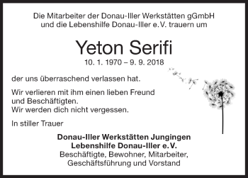 Traueranzeige von Yeton Serifi von SÜDWEST PRESSE Ausgabe Ulm/Neu-Ulm