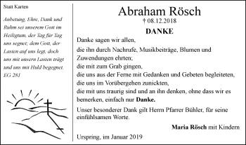 Traueranzeige von Abraham Rösch von SÜDWEST PRESSE Ausgabe Ulm/Neu-Ulm