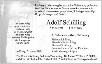 Traueranzeige von Adolf Schilling von Haller Tagblatt