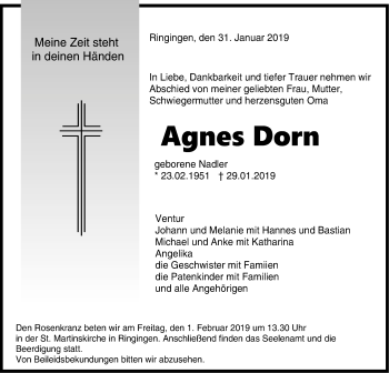 Traueranzeige von Agnes Dorn von Hohenzollerische Zeitung