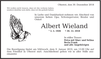 Traueranzeige von Albert Wieland von Rundschau Gaildorf