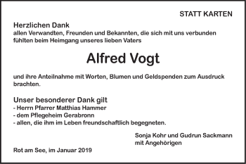 Traueranzeige von Alfred Vogt von Hohenloher Tagblatt