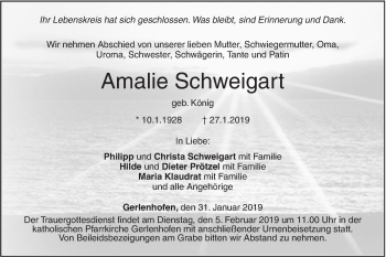 Traueranzeige von Amalie Schweigart von SÜDWEST PRESSE Ausgabe Ulm/Neu-Ulm