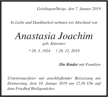 Traueranzeige von Anastasia Joachim von Geislinger Zeitung