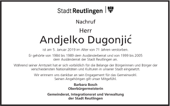 Traueranzeige von Andjelko Dugonjic von Metzinger-Uracher Volksblatt