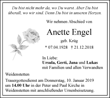 Traueranzeige von Anette Engel von SÜDWEST PRESSE Ausgabe Ulm/Neu-Ulm