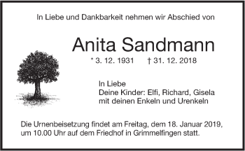 Traueranzeige von Anita Sandmann von SÜDWEST PRESSE Ausgabe Ulm/Neu-Ulm