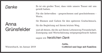 Traueranzeige von Anna Grünsfelder von Hohenloher Tagblatt