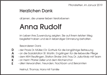 Traueranzeige von Anna Rudolf von Alb-Bote/Metzinger-Uracher Volksblatt