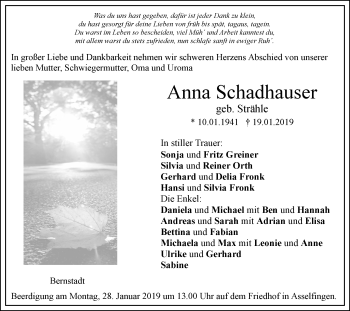 Traueranzeige von Anna Schadhauser von SÜDWEST PRESSE Ausgabe Ulm/Neu-Ulm