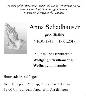 Traueranzeige von Anna Schadhauser von SÜDWEST PRESSE Ausgabe Ulm/Neu-Ulm