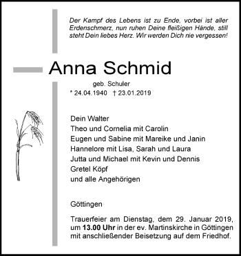 Traueranzeige von Anna Schmid von SÜDWEST PRESSE Ausgabe Ulm/Neu-Ulm