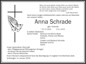 Traueranzeige von Anna Schrade von Ehinger Tagblatt