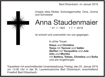 Traueranzeige von Anna Staudenmaier von Geislinger Zeitung