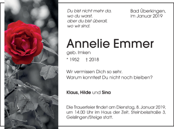 Traueranzeige von Annelie Emmer von Geislinger Zeitung