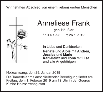 Traueranzeige von Anneliese Frank von SÜDWEST PRESSE Ausgabe Ulm/Neu-Ulm