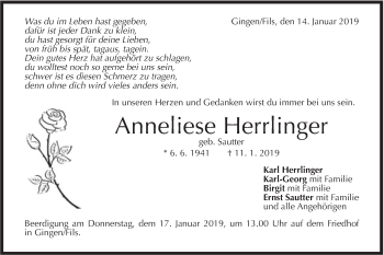 Traueranzeige von Anneliese Herrlinger von Geislinger Zeitung