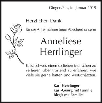 Traueranzeige von Anneliese Herrlinger von Geislinger Zeitung