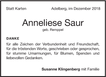 Traueranzeige von Anneliese Saur von NWZ Neue Württembergische Zeitung