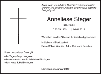 Traueranzeige von Anneliese Steger von SÜDWEST PRESSE Ausgabe Ulm/Neu-Ulm