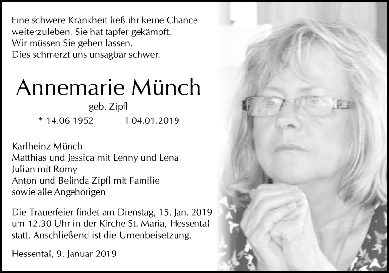  Traueranzeige für Annemarie Münch vom 09.01.2019 aus Haller Tagblatt