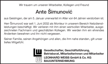 Traueranzeige von Ante Simunovic von Geislinger Zeitung