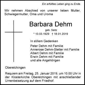 Traueranzeige von Barbara Dehm von SÜDWEST PRESSE Ausgabe Ulm/Neu-Ulm