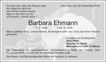 Traueranzeige von Barbara Ehmann von NWZ Neue Württembergische Zeitung