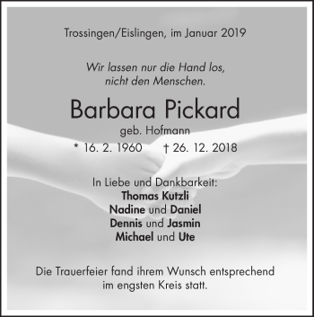 Traueranzeige von Barbara Pickard von NWZ Neue Württembergische Zeitung