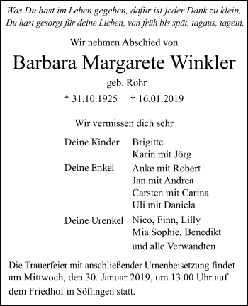 Traueranzeige von Barbara Margarete Winkler von SÜDWEST PRESSE Ausgabe Ulm/Neu-Ulm