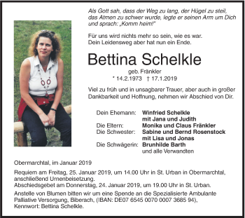 Traueranzeige von Bettina Schelkle von Ehinger Tagblatt