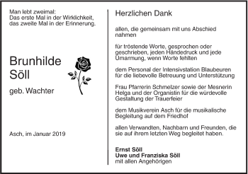 Traueranzeige von Brunhilde Söll von SÜDWEST PRESSE Ausgabe Ulm/Neu-Ulm