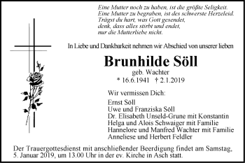 Traueranzeige von Brunhilde Söll von SÜDWEST PRESSE Ausgabe Ulm/Neu-Ulm