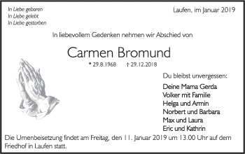 Traueranzeige von Carmen Bromund von Rundschau Gaildorf